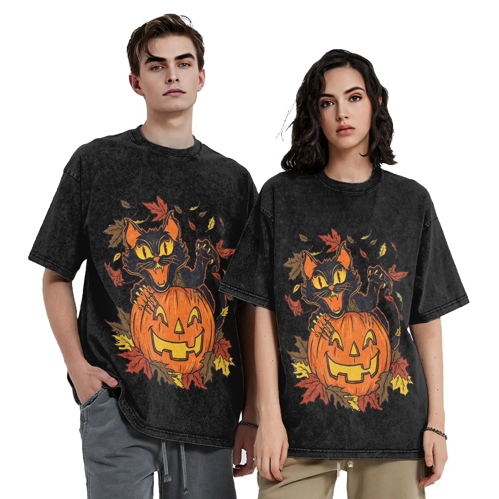 Black Cat Pumpkin T Shirts Washed 100% Cotton Street T-Shirts Halloween Spooky Autumn Artwork for Men Women Streetwear Tees