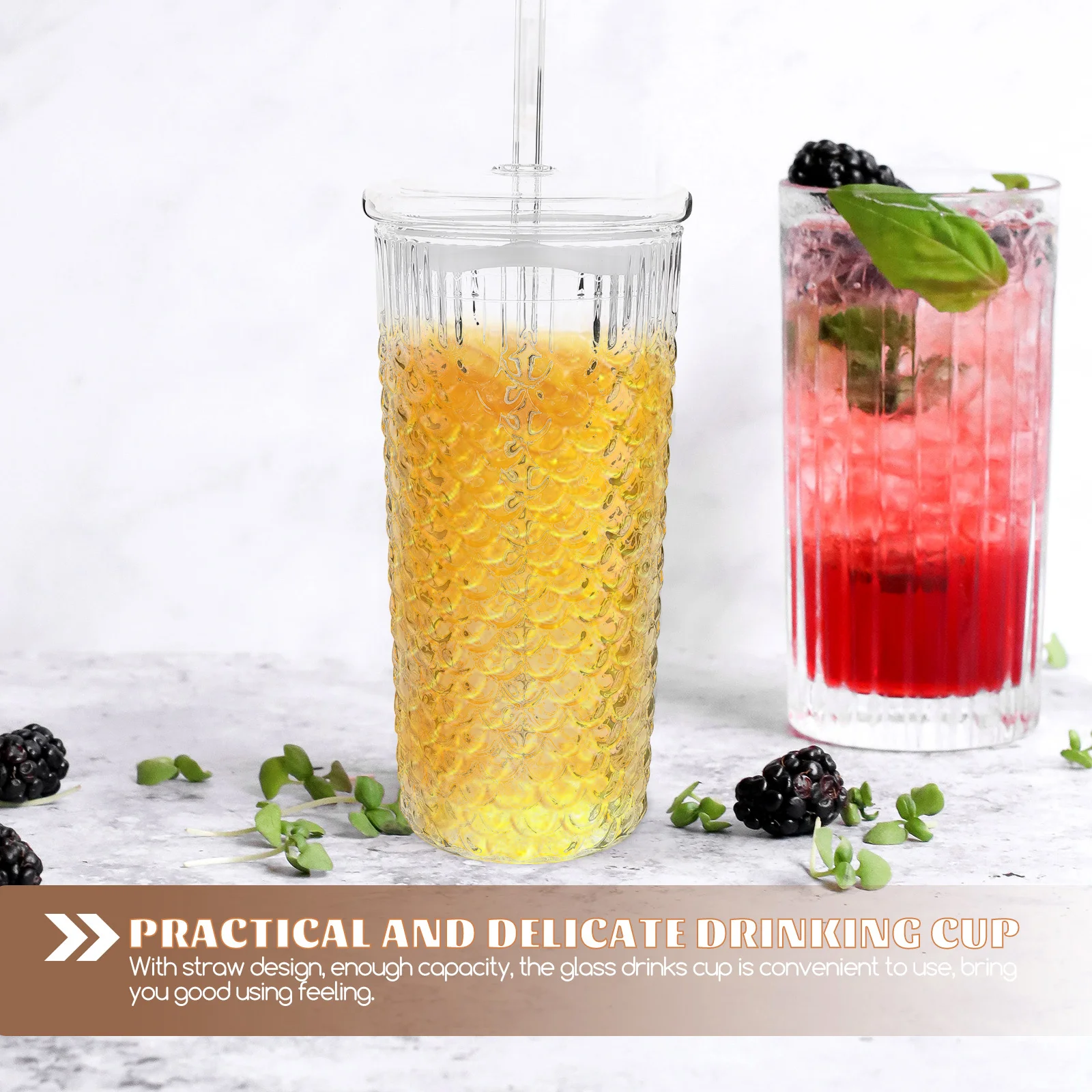 

2Pcs Glass Beverage Cups Straw Lid Glass Water Cup Reusable Drinking Cups for Milk Tea Juice Coffee Glasses with Lid and Straw