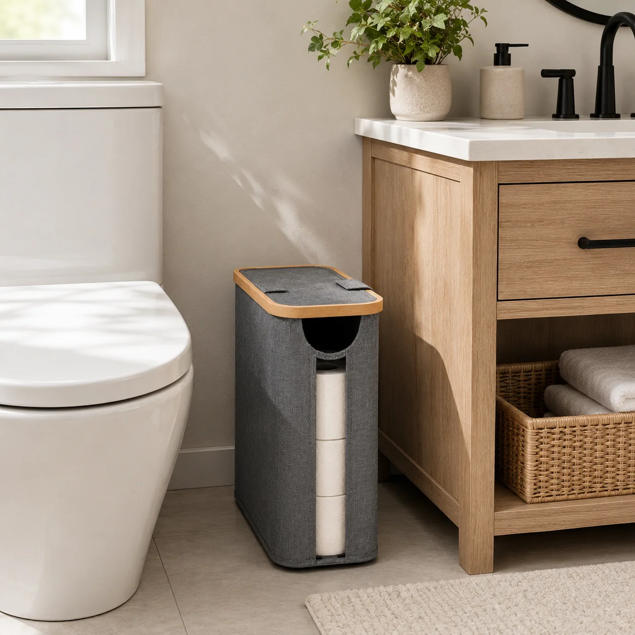 Toilet Paper Storage Basket with Lid, Free Standing Toilet Paper Holder for 9 Mega Rolls, Oxford Fabric Bathroom Storage Bin with Bamboo Frame, Toilet Roll Organizer for Bathroom, RV, Closet