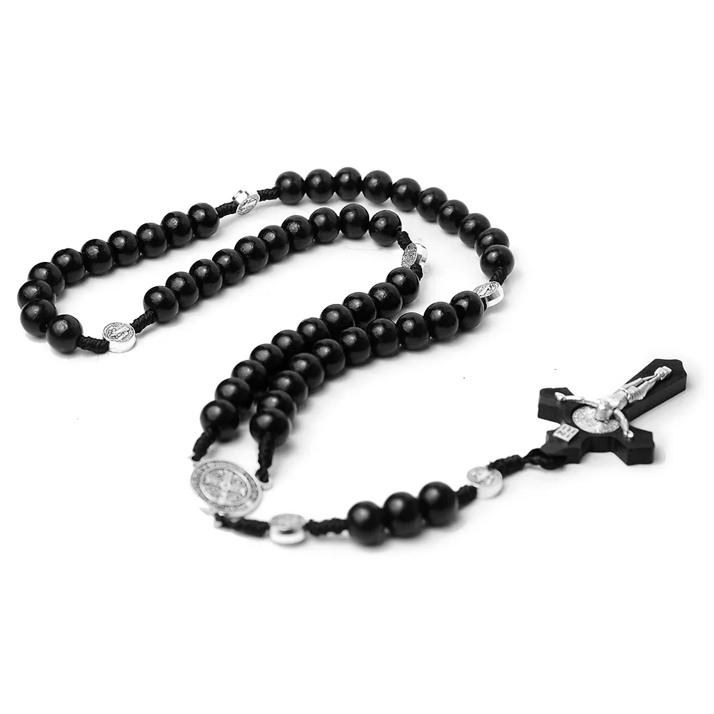 Black Handmade Wood Beads Rosary Necklace For Women Men Christian Cross Virgin Mary Crucifix Pendant Chain Religion Jewelry