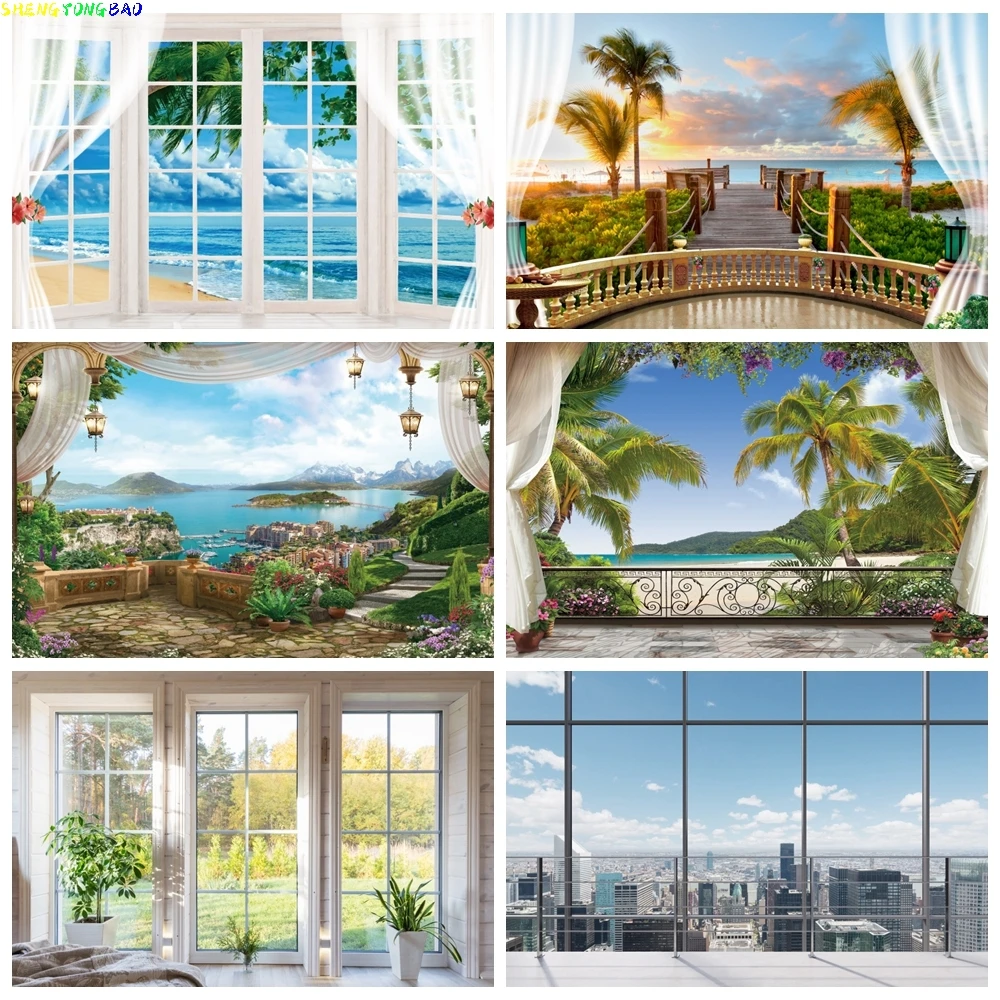 

Spring Scenery Window Photography Backdrop Summer Sea Ocean Landscape Office Room Decor Portrait Background Photo Studio Props