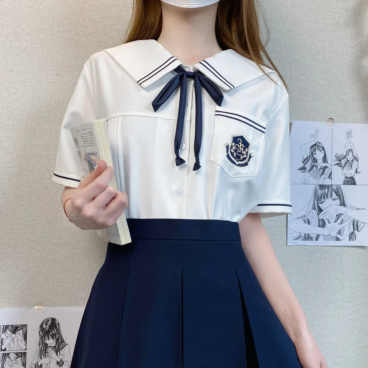 الكورية واليابانية فتاة المدرسة موحدة مجموعة الحلو الأبيض التلبيب Jk دعوى مثير مطوي تنورة فوكو أنيمي كوس أزياء التخرج النساء