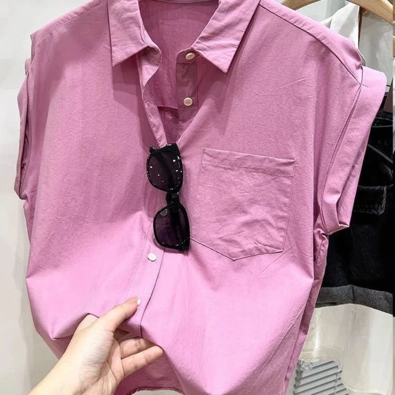 Office Lady Polo Neck Loose Blouse Summer New Short Sleeve Solid Color Button Casual Shirt Tops Vintage Fashion Women Clothing