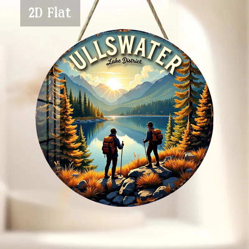 2D Flat - 1pc Round Panel Artwork Depicting a Sunset Hike, Perfect for Wall Decoration in Serene Lake Settings. Ideal for Enhanc