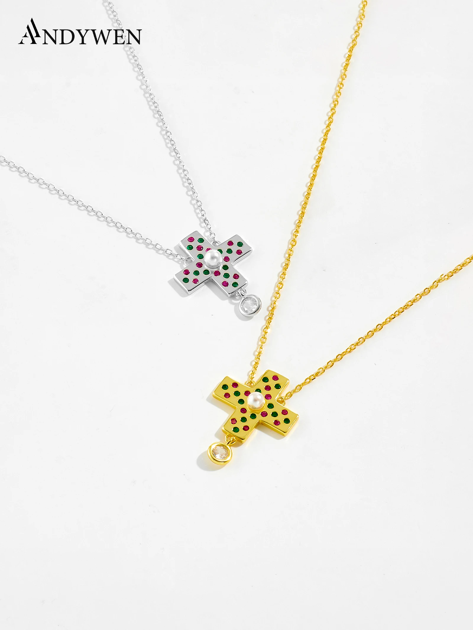 

ANDYWEN 925 Silver Cross Pendant Necklace, Multi Color CZ with Pearl Accent,Unique Jewelry Gift Box for Women,Fashion Daily Wear