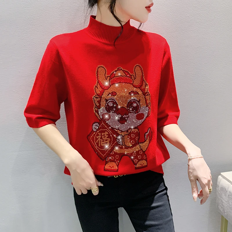 

2024 New Spring Fall European Clothes Knitted Turtleneck Sweater Red Female Slim Diamonds Tops Half Sleeve Women Pullover 312037