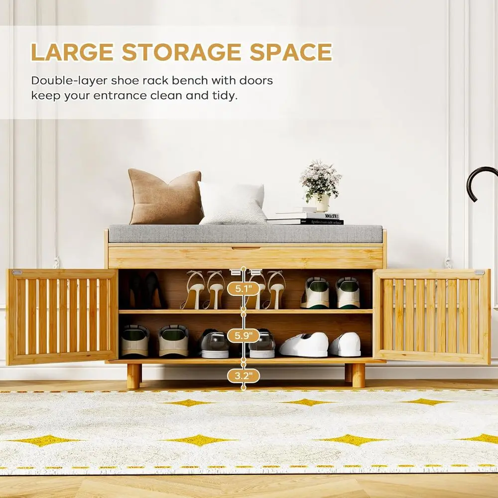 Banco de entrada de bambu de duas portas com assento acolchoado e armazenamento superior para sapatos, sala de estar, quarto - acabamento natural