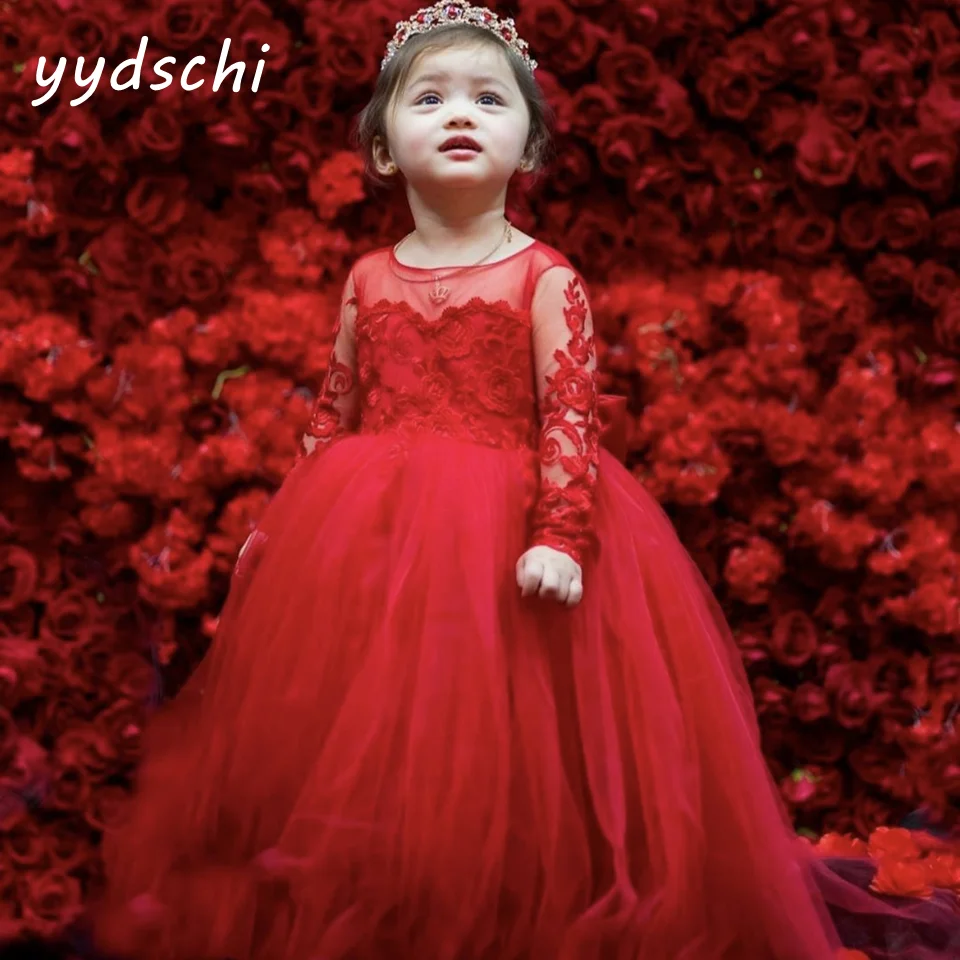 Child 2-14 Years Lace Tulle Flower Girls Dress Princess For Kid Custom Color Red Child Wedding Party  Maxi Ball Gown Evening