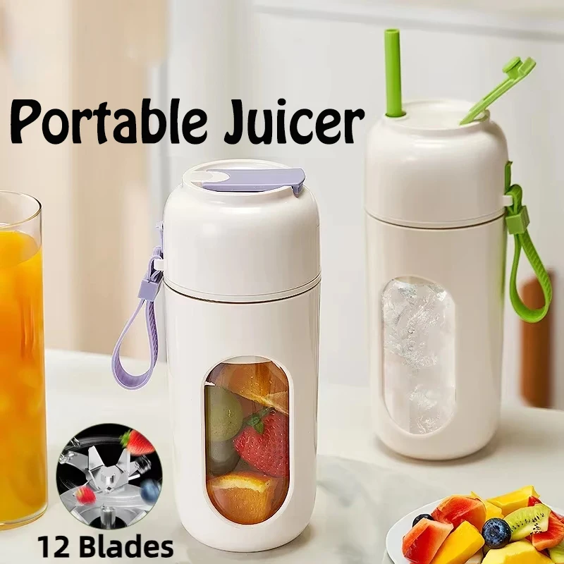 Portable Electric Juicer Cup 350mL for Smoothies Shaved Ice Juices12 Blade Stainless Steel Blender with Wireless Charging