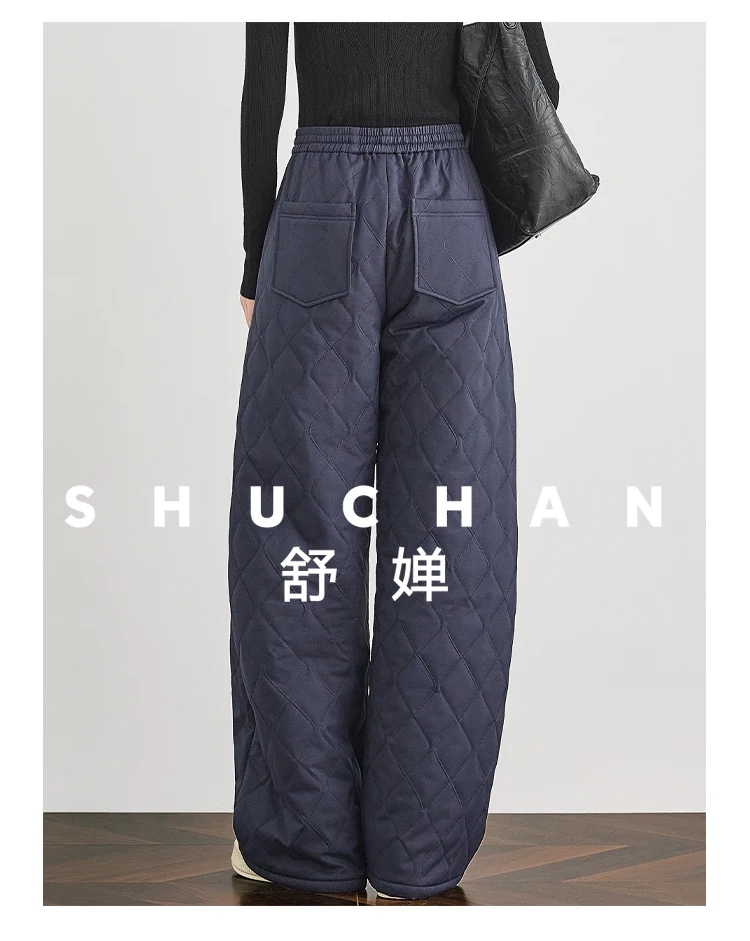 Navy Blue High-waisted Wide-leg Pants Piled and Thickened Cotton Pants Warm Casual Pants Winter 2025 new