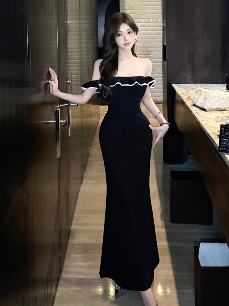 

Ele Sexy One-oulder Ruffle Hem Dr Color Blo Evening Gown Long Skirt High Waist Ball Gown H-ape Summer Dr