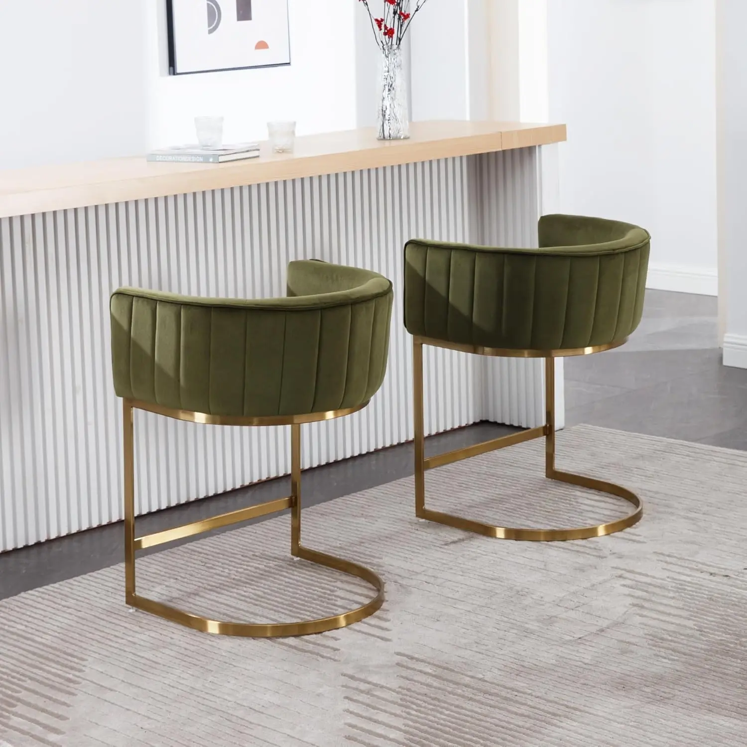 4 Modern Bar Stools Counter Height 24"" For Kitchen Island Velvet Upholstered Barrel Back Stool Chair And Golden Metal Frame