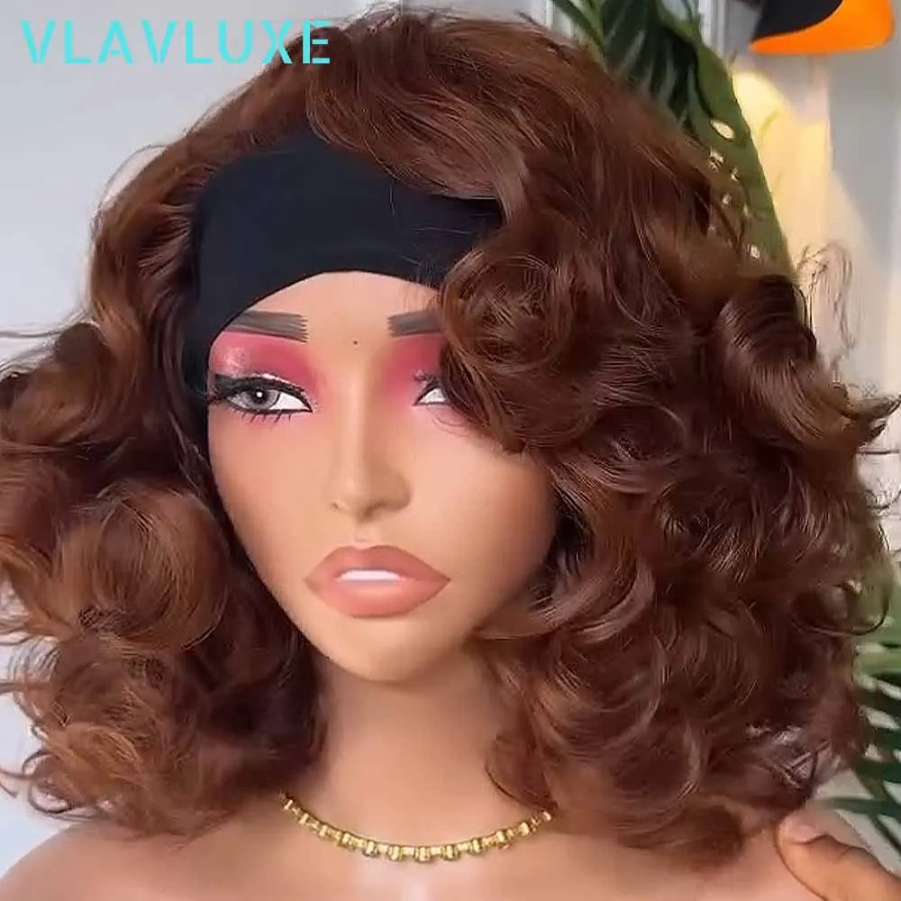 100% Human Hair Colored Wig Headband Wig 400% Density Human Hair Bouncy Curly Headband Wigs Curly Glueless None Lace Front Wigs