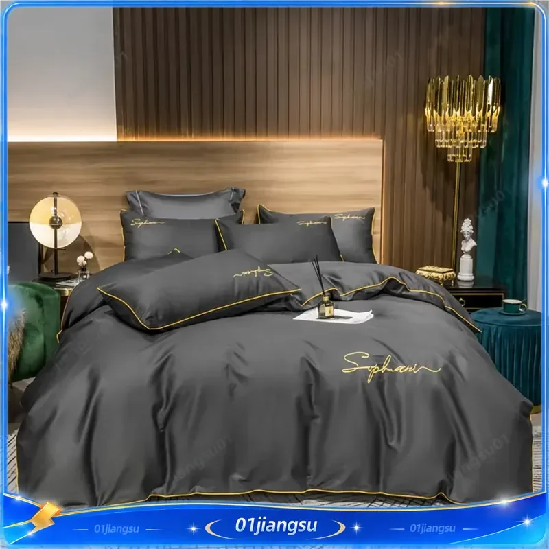 Svetanya Solid Cotton Embroidery Bedding Set Duvet Cover Sheet Pillowcase Hotel Quality Home Bed Linens Soft Breathable