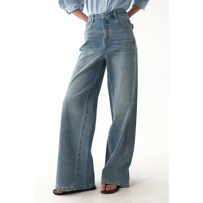 

Джинсы Ertang Classic с высокой талией и широкими штанинами, женские, осенне-зимние, прямого кроя, с диагональной строчкой, синие...