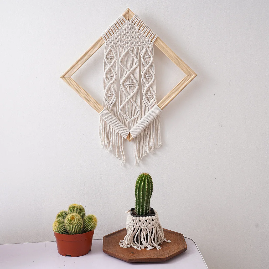 Ins Handmade tapestry, natural wood color, square wall hanging, living room macrame , homestay, hotel room decoration