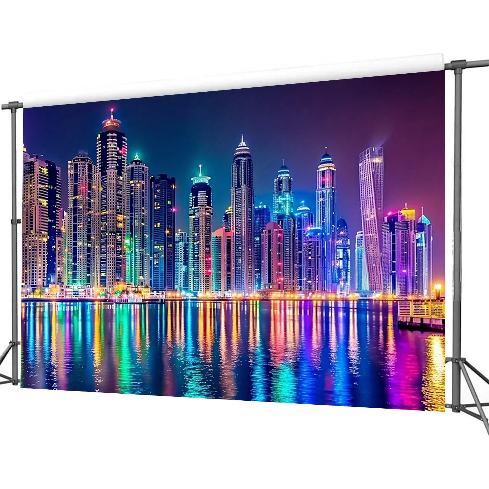 2D Flat, 2D Flat Banner, 1pc Large City Landscape Mural, Colorful Night Scene, Material, No Power Needed - Multifunctional Party