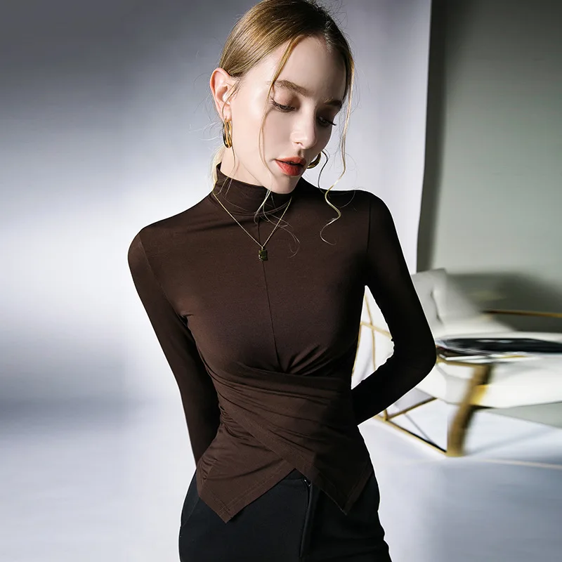 Irregular Design New Solid Color Pleated Blouse Spring Autumn Long Sleeve Latin Dance Practice Top