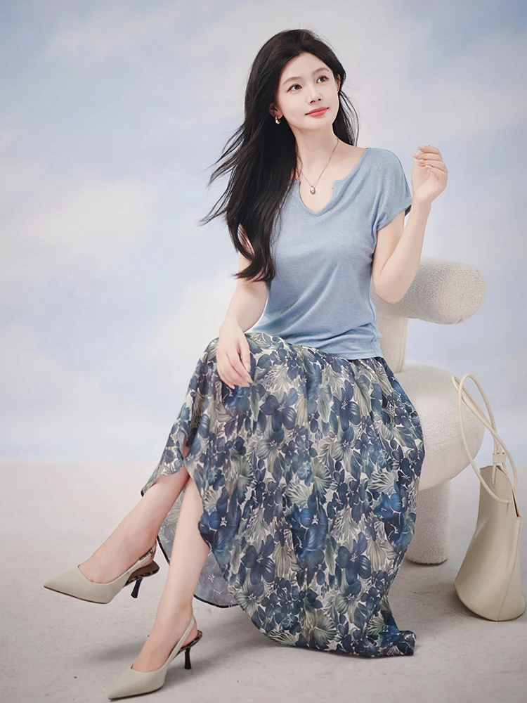 Losse A-lijn rok met print Hoge taille Linnenmix Casual Commute Sle Damesmode Zomer 2025 OAL Blue Series