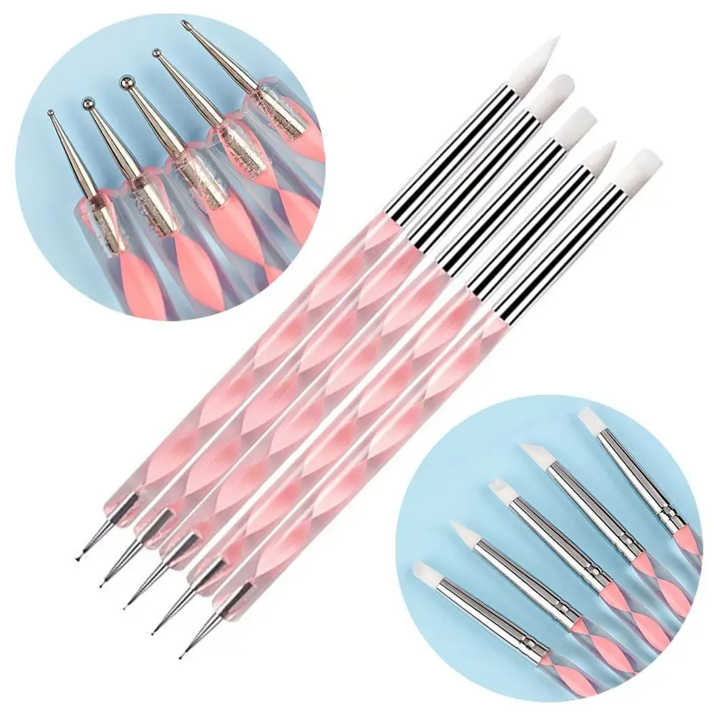 5Pcs/Set 2 Ways Nail Art Pen Stainless Steel Acrylic Silicone Marbleizing Painting Pens Waving Drawing Point Flower Dotting Tool