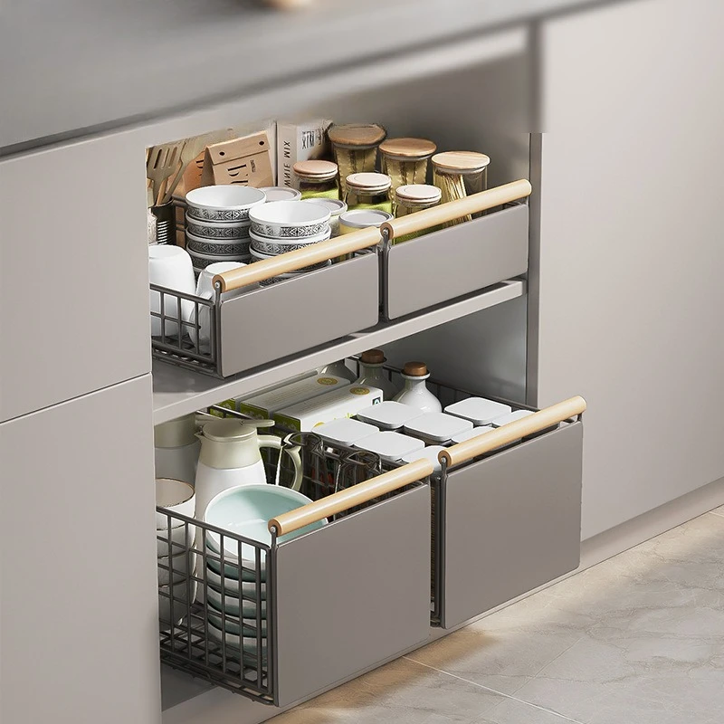 Foldable Pull-Out Dish Organizer Sliding Drawer Carbon Steel Kitchen Storage Rack for Plates, Bowls and Condiment Storage Holder