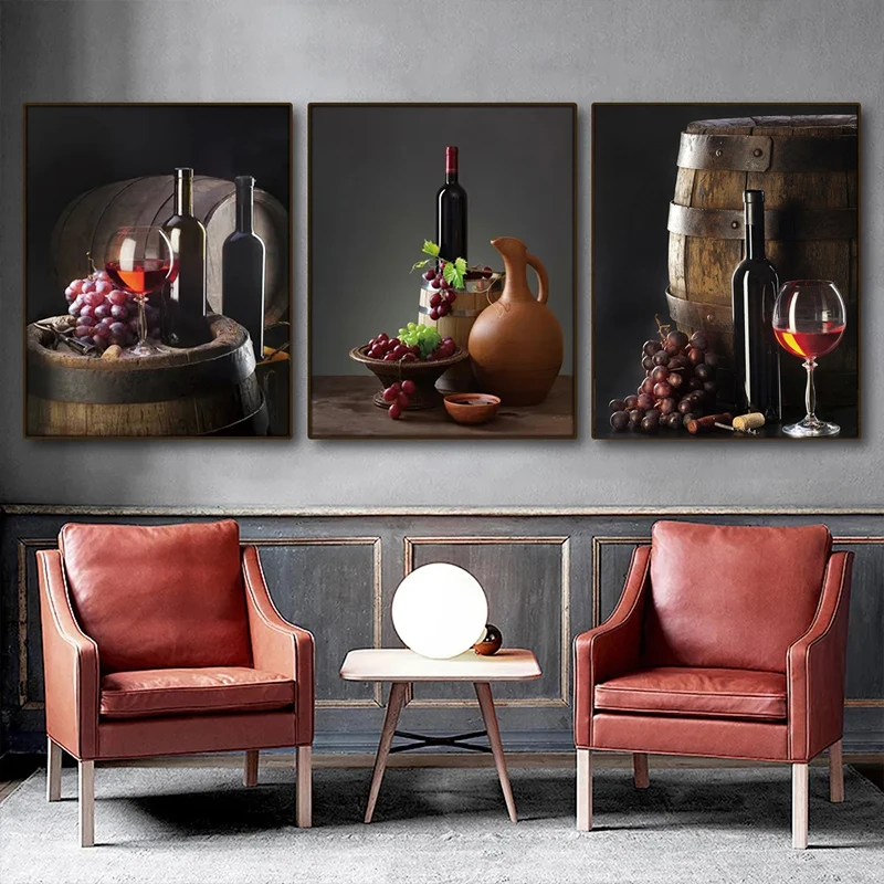 Kitchen Bar Red Wine Grape Beer Wall Art Canvas Painting Still Life Nordic Poster Wall Picture for Restaurant Living Room Decor