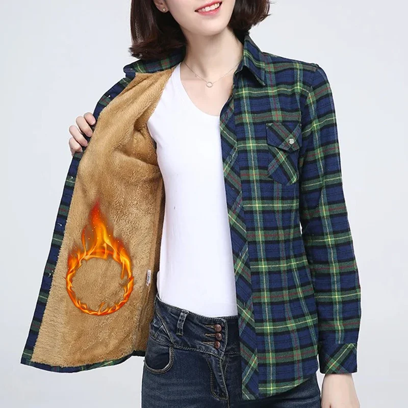 Womens Winter Fleece Plaid Shirt Vintage Thick Warm Blouse Elegant Office Lady Casual Velvet Jacket Tops Button Down Slim Shirts