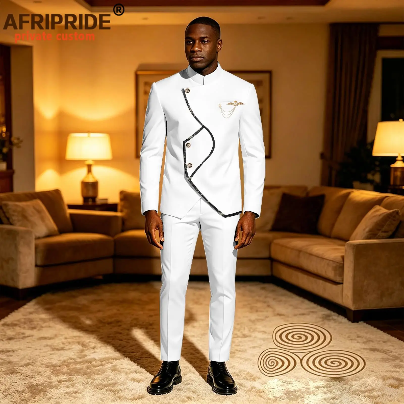 Men`s Business Suit Stand Collar Applique Single Breasted Brooch Blazer and Trousers 2 Piece Set for Men African Clothes 2616112