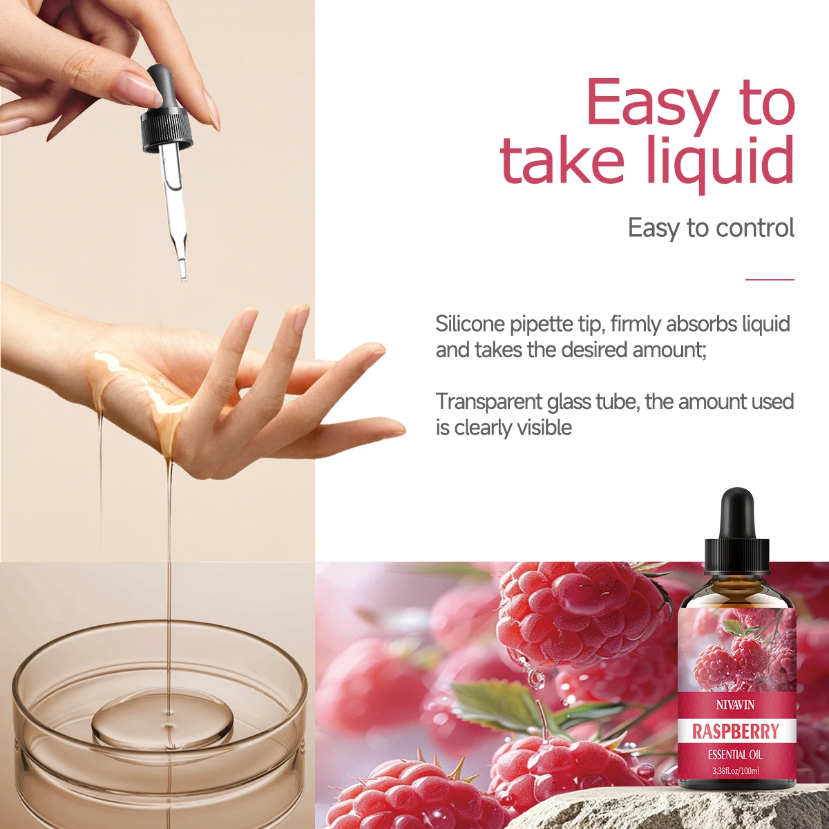 30ml/60ml/100ml raspberry essential oil is suitable for facial hydration, moisturizing, hair care, skin care, and perfume making