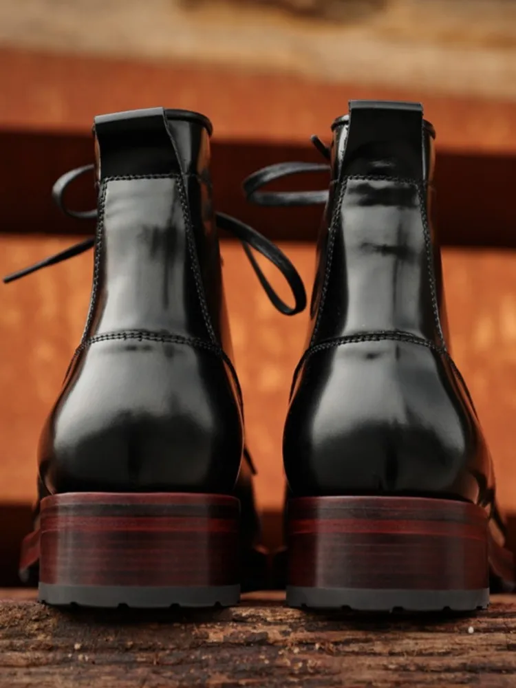 Retro Style Genuine Leather Round Toe Lace-Up Hard-Wearing Boots Solid Color Cowhide Male Platform Mid Heel High Top Footwear