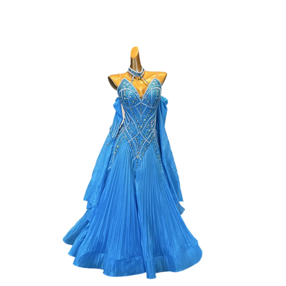 

Платье для латинских танцев для взрослых и детей AB Stone, высококачественная плиссированная юбка морского синего цвета на заказ, женская профессиональная одежда для танго