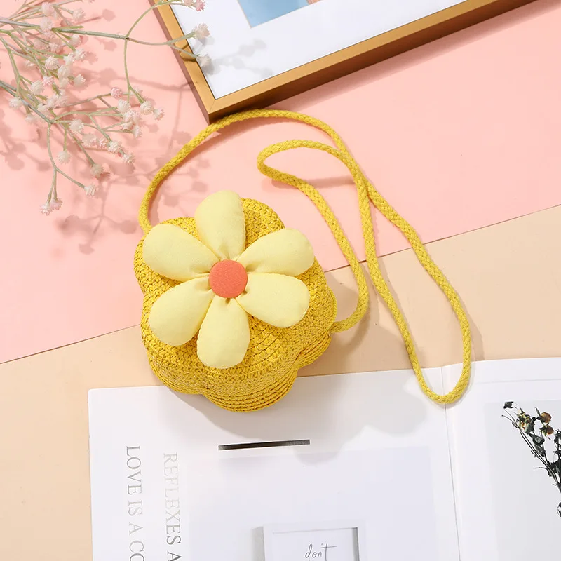 Cute Handmade Kids Straw Bag Flower Shape Woven Crossbody Bag Summer Beach Bag for Children Girls