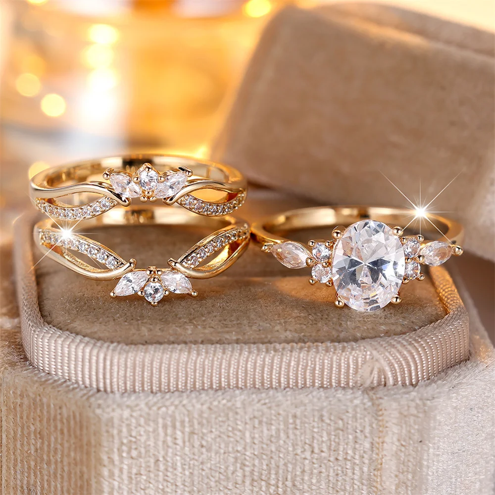 Oval Stone White Zircon Cute Flower Ring Sets For Women Vintage Gold Color Engagement Bands Wedding Jewelry Set Versatile Gifts
