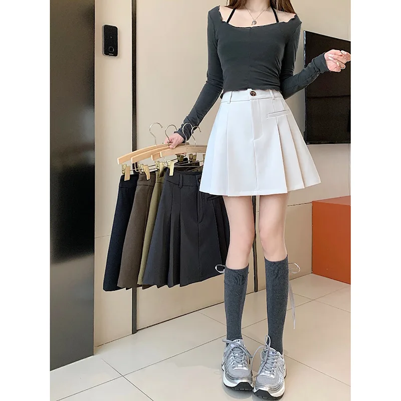 Fashion Casual Pleated Short Skirt Korean Style Spring Summer Spice Girls 2024 New High-waisted Slimming Solid Suit A-line Skirt