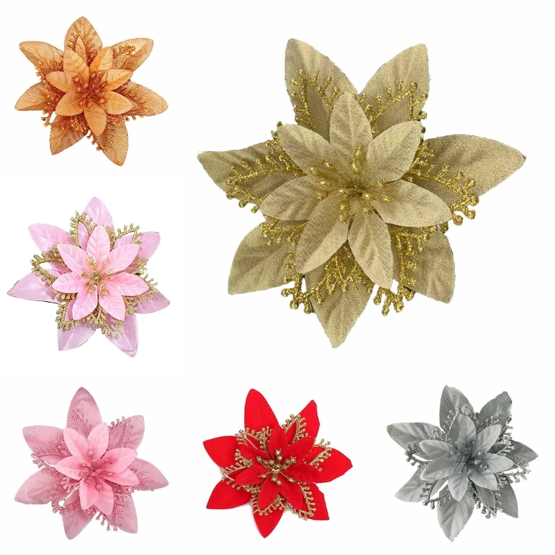 

E15D 13cm Christmas Glitter Poinsettia Flower Decorative Xmas Tree Flowers for Wreath Ornaments Wedding Party Spring Festival