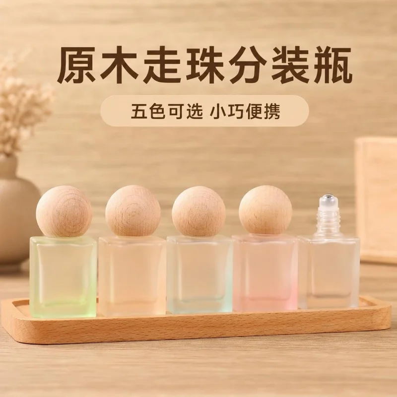 60pcs 10ml Frosted Empty Perfume Bottle With Beech Wood Ball Cap Roll-on Bottle Attar Oil /Essential Bottle Cosmetic Container