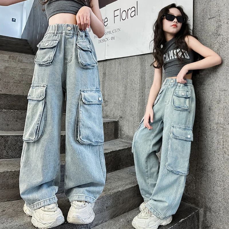 Spring Autumn New Girls Jeans Solid Color Big Pocket Wide-leg Denim Pants For 5 6 8 10 12 14 Years Teen Girls Fashion Trousers