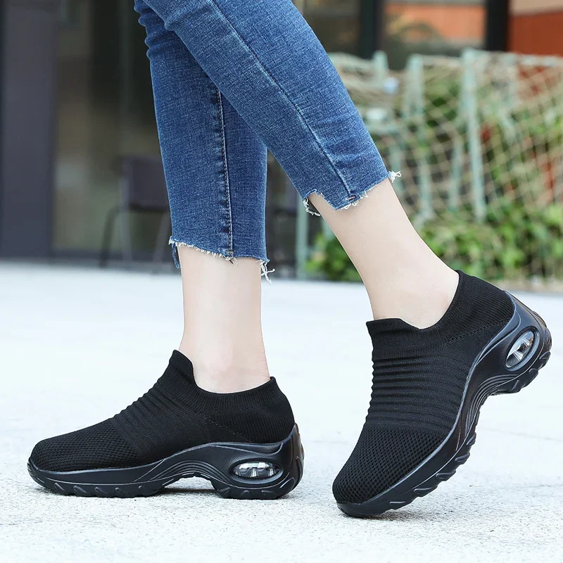 Damen-Walking-Trainer, modische Fly-Weave-Socken-Sneaker, atmungsaktive, bequeme Pflegeschuhe, lässige Plateau-Loafer, rutschfest – Detail 1