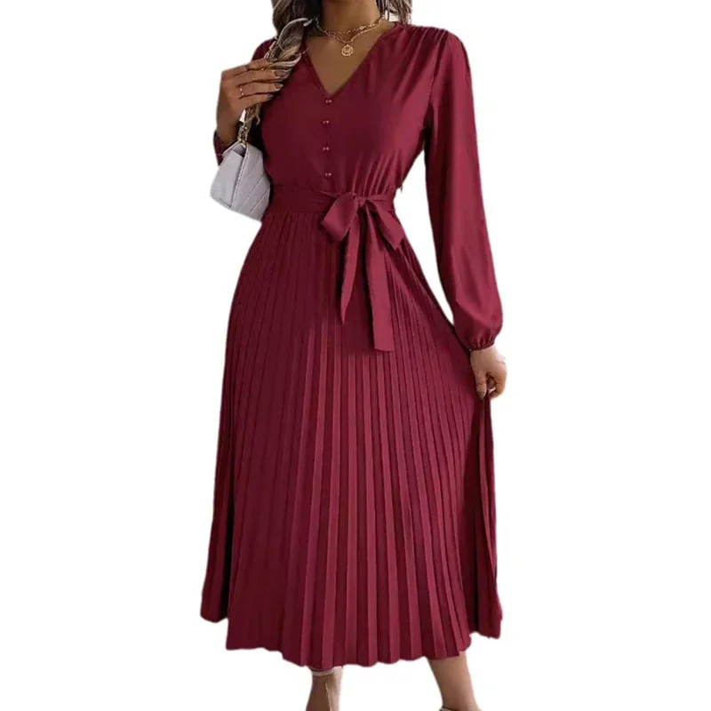 Women's Long Dresses Autumn Elegant Pleated Long Sleeveed Lace Up Dresses Beach Boho Wrap Ruffle Hem Big Swing Long Sundress
