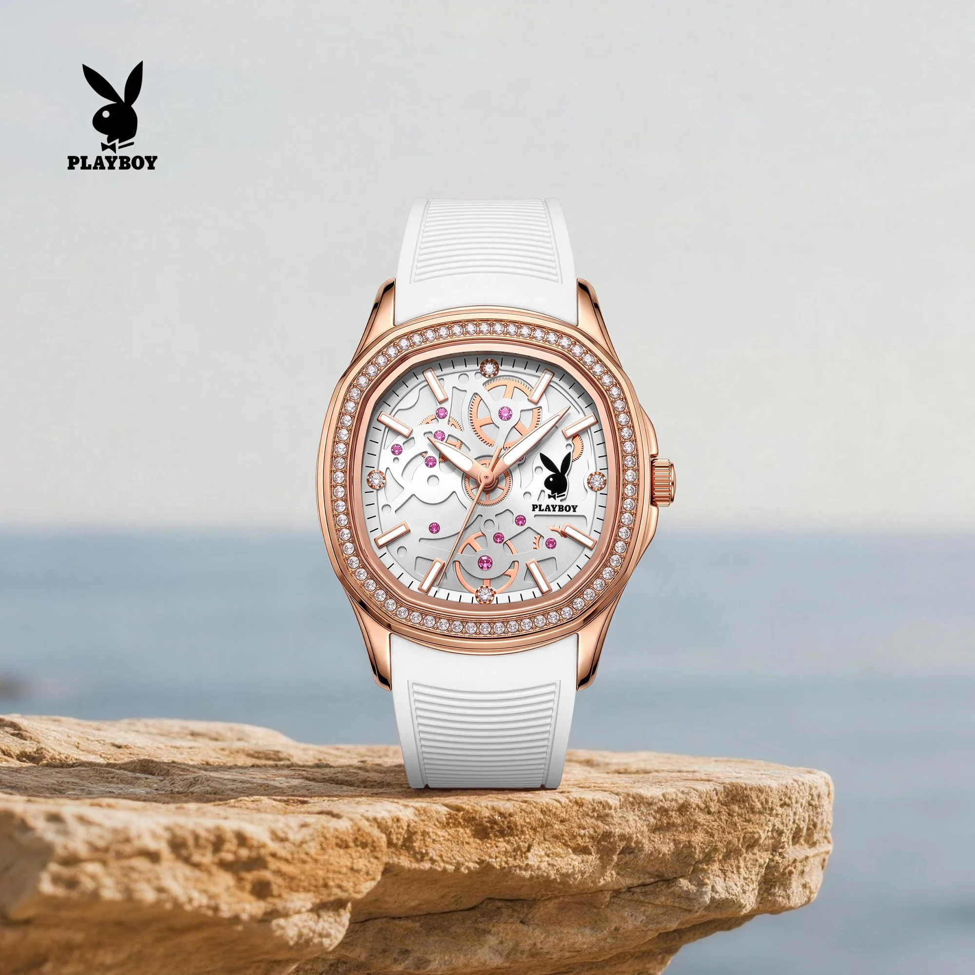 PLAYBOY 3157 Original Quartz Movement Square Dial Watch For Women Silicone Strap HD Luminous 30m Waterproof Barrel Design Watch
