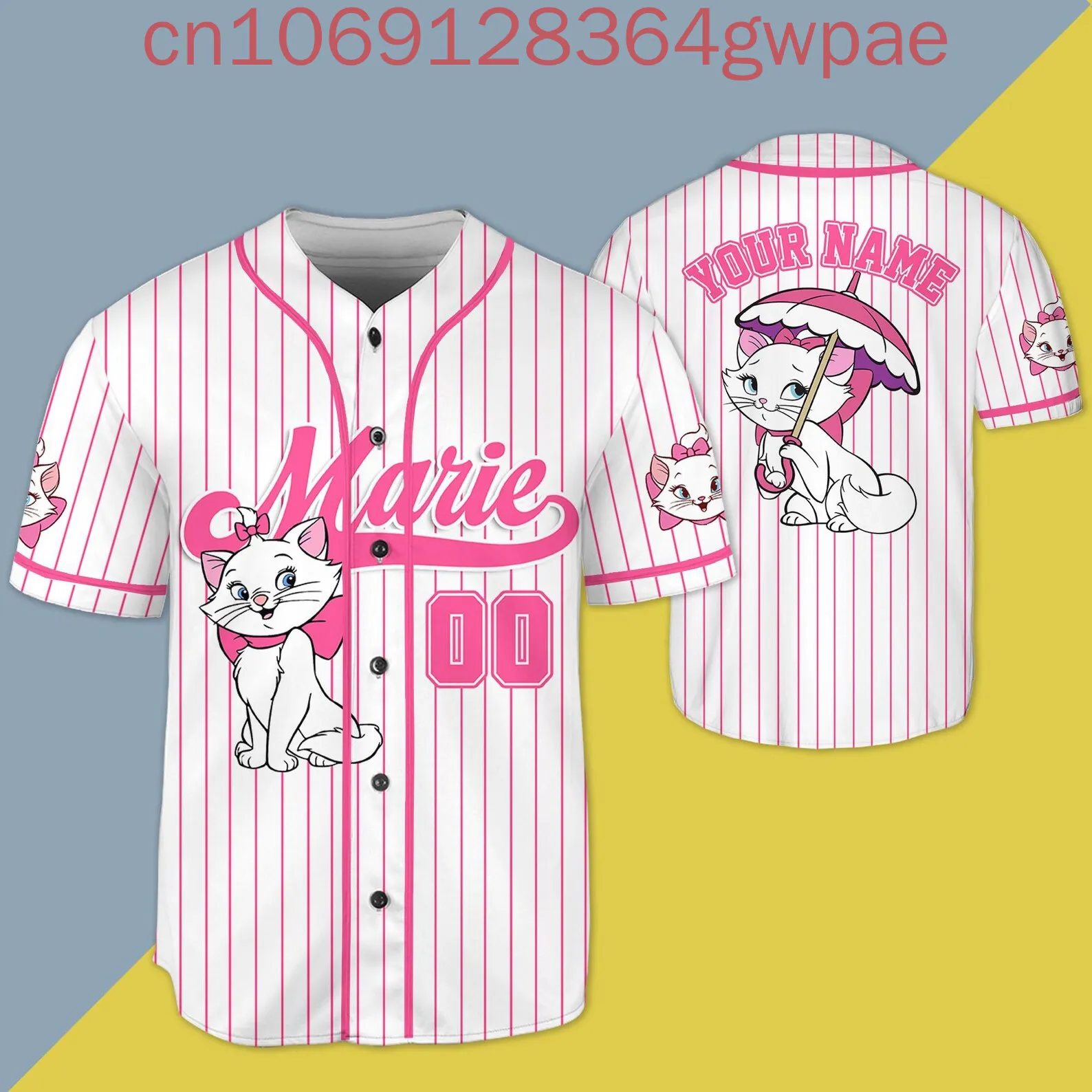 كارتون ديزني ماري كات البيسبول جيرسي قميص الرجال النساء الاطفال زي بيسبول قمم الصيف عارضة قصيرة الأكمام قميص البيسبول