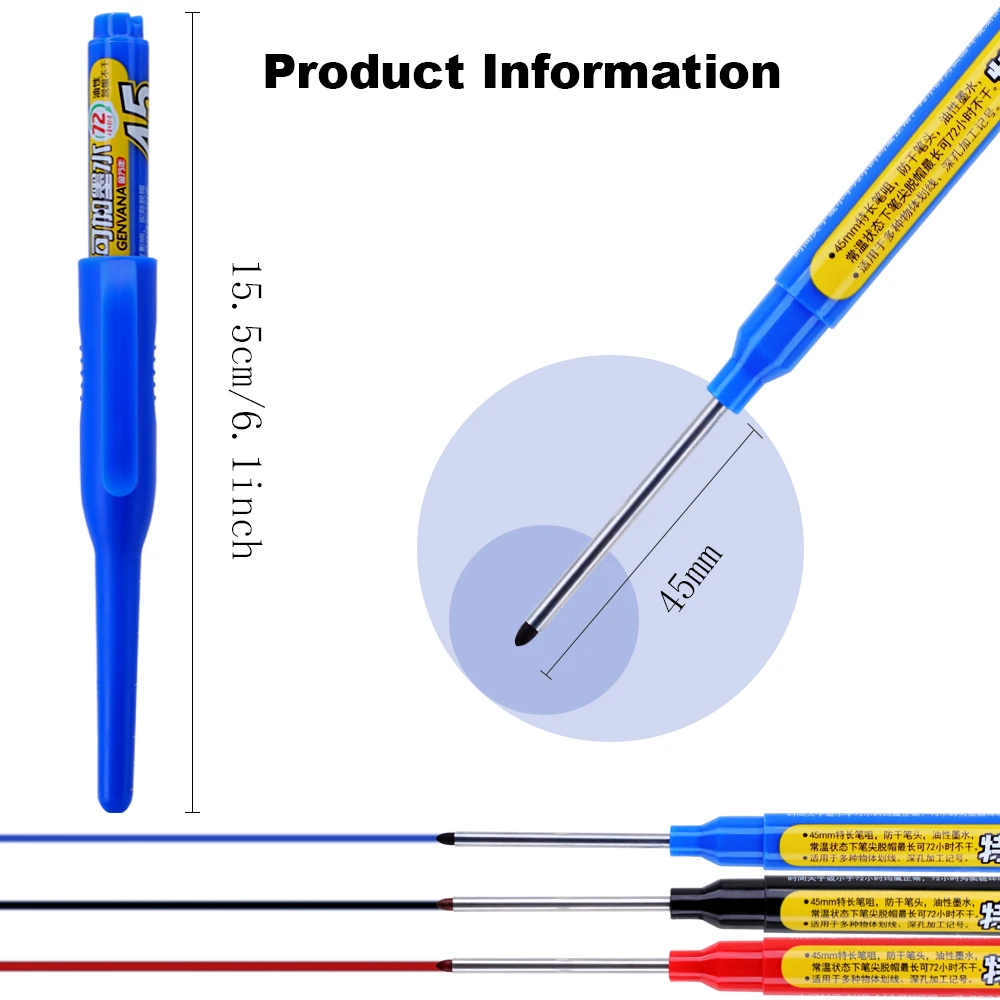 6 Stück Schwarz/Blau/Rot 45mm Spitze Langkopf-Markierstifte, Holzbearbeitung Bohr- und Fliesenmarkierstift Nachfüllbar, für Tiefenloch-Markierung – Detail 4