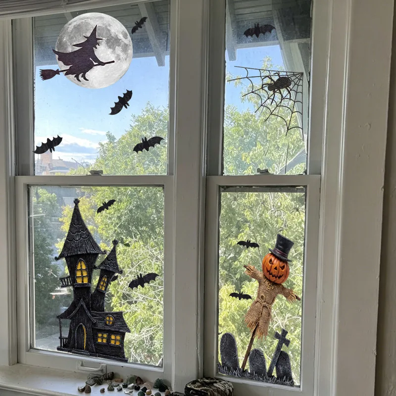 Castle Witch Pumpkin Scarecrow Static Window Cling, Halloween Party Glass Sticker, Shop Window Spooky Vibe Decorations