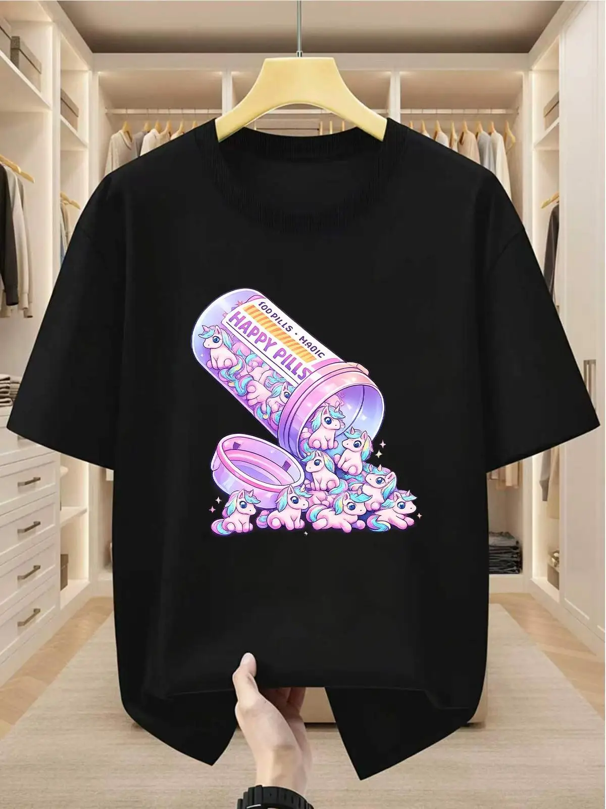 Plus Size Men's T-Shirt 100%Cotton Featuring a Happy Pills Unicorn Graphic Print Comfortable Casual Short-sleeved T-shirt in Sum