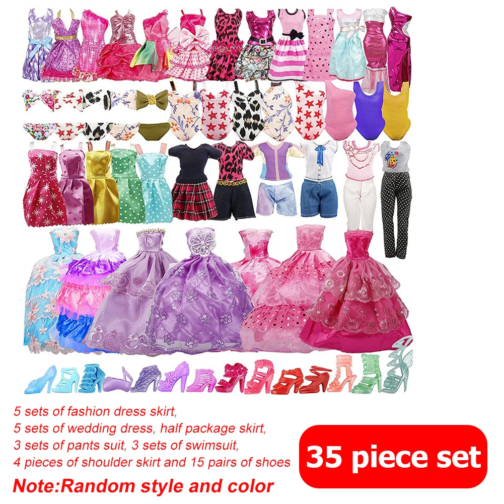 35pcs/set Handmade Doll High Heels Mini Swimsuits Wedding Dresses Handbag Outfit DIY Dollhouse Toy Accessories for Children Gift