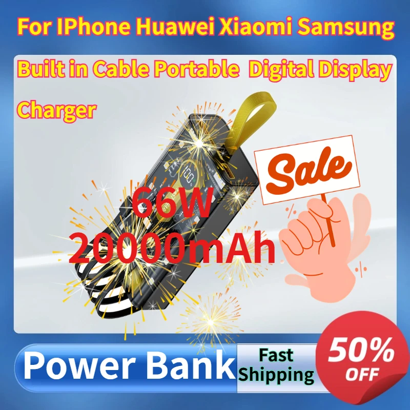 

66W Fast Charging Power Bank 20000mAh, Built in Cable Portable Charger with Digital Display, for iPhone Huawei Xiaomi Samsung