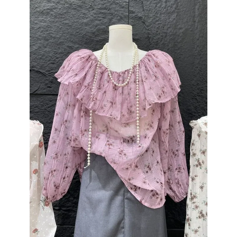 Women's Sweet Ruffled Off Shoulder Blouse Pink Floral Chiffon Long Sleeve Loose Casual Top