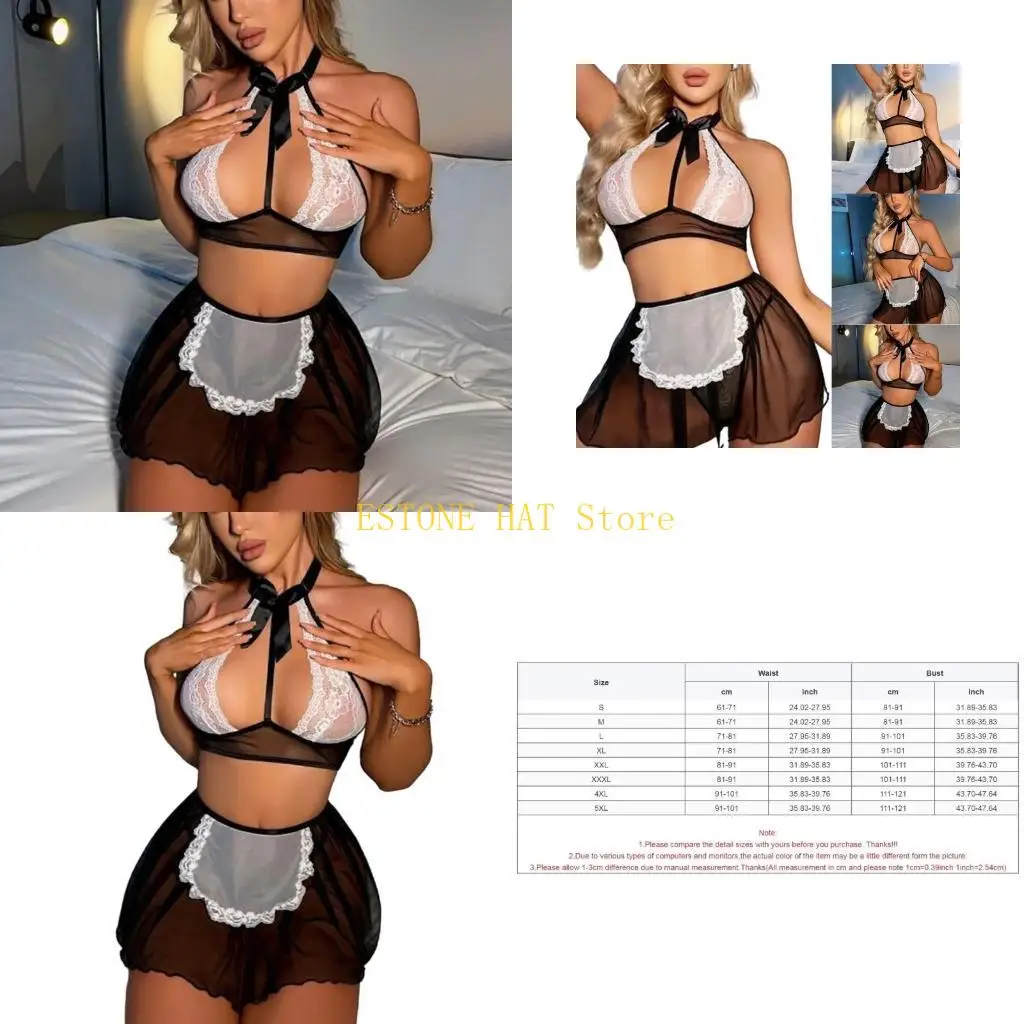 

49MF Sexy French Maid Lingerie Womens Maid Costume Anime Cosplay Lingerie Lace Bra Mesh Apron Mini Skirt Uniform Outfits