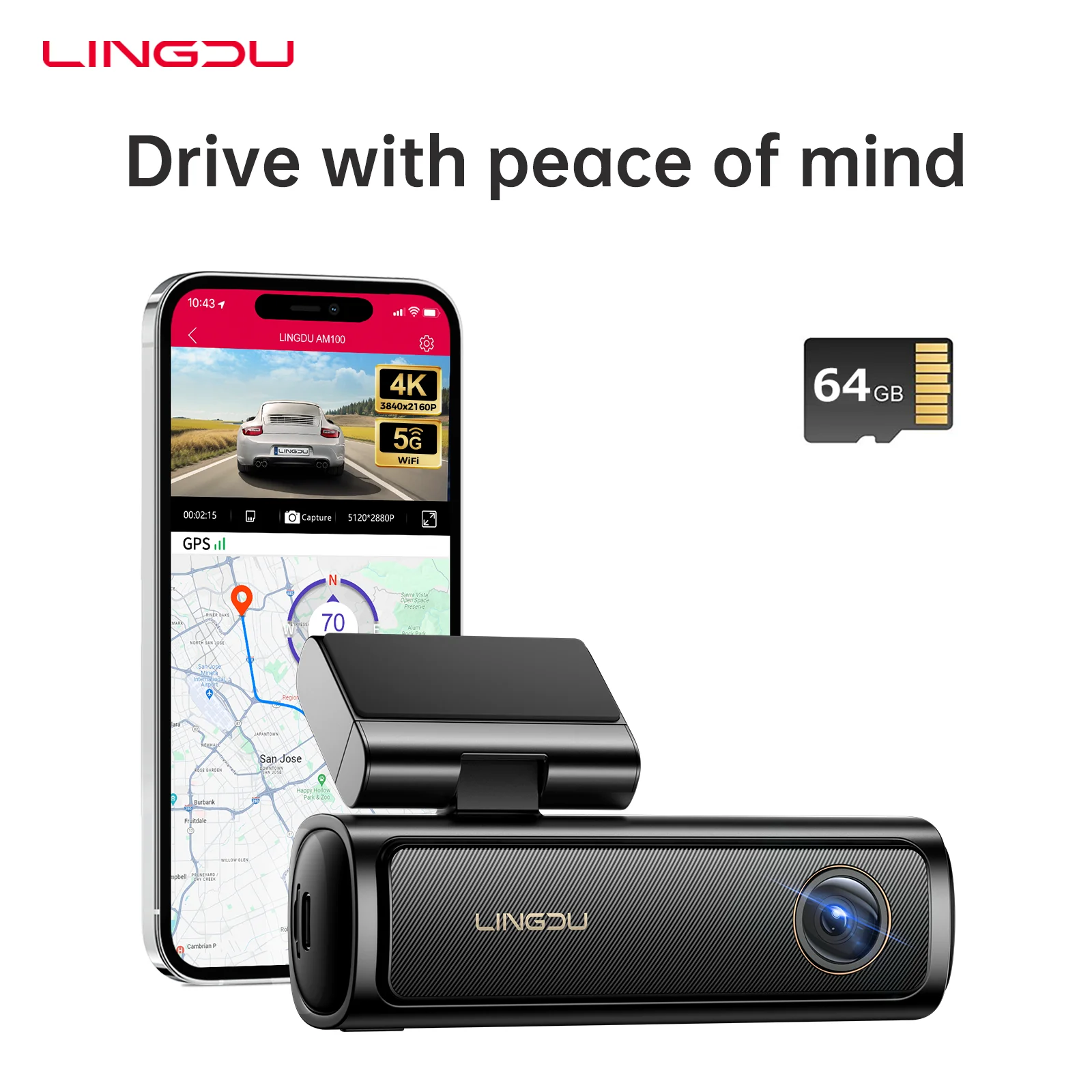 

LINGDU AM100 Видеорегистратор 4K Передняя видеорегистратор для автомобилей с голосовым управлением ADAS Встроенный GPS 5G WiFi WDR 24H Режим парковки Ночное видение