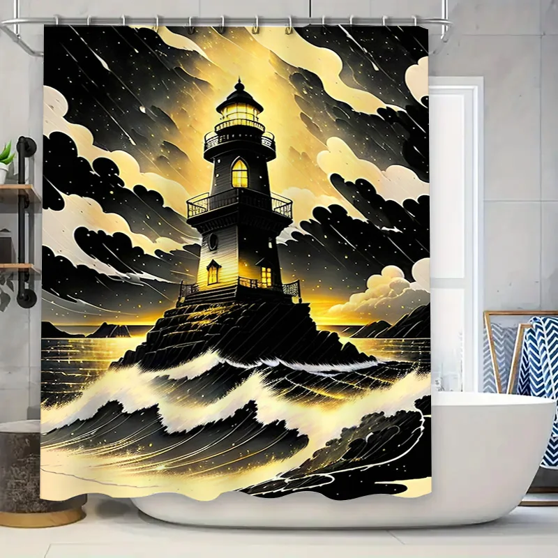 

Ретро-маяк, набор занавесок для душа для декора ванной комнаты, водонепроницаемая ткань с белыми волнами, дизайн Stormy Sky, идеальная идея для подарка